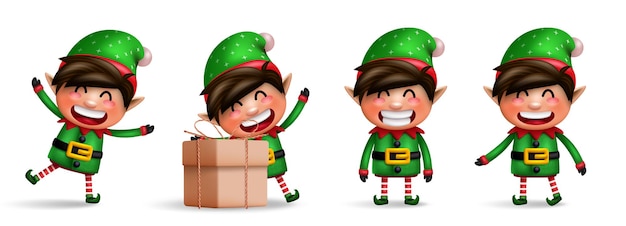 Elf kerst tekens vector set. elfen 3d-kinderkarakter in vriendelijke en schattige gezichten.