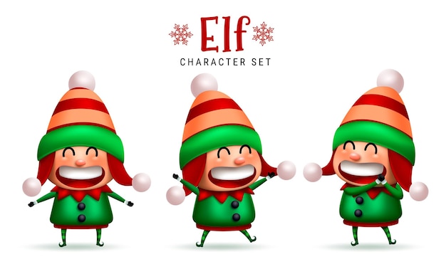 Vector elf kerstkarakters vector set leuk elfenkarakter met vrolijke vrolijke en vrolijke uitdrukking