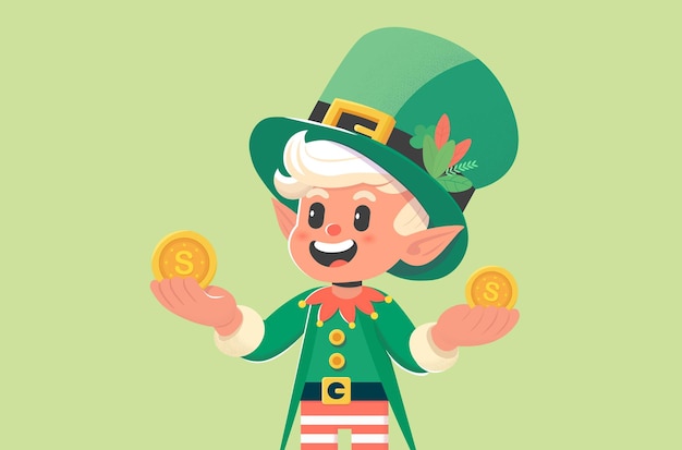 Elf Saint Patrick stands in a green suit and shakes gold coins in his hands as a symbol of good luck