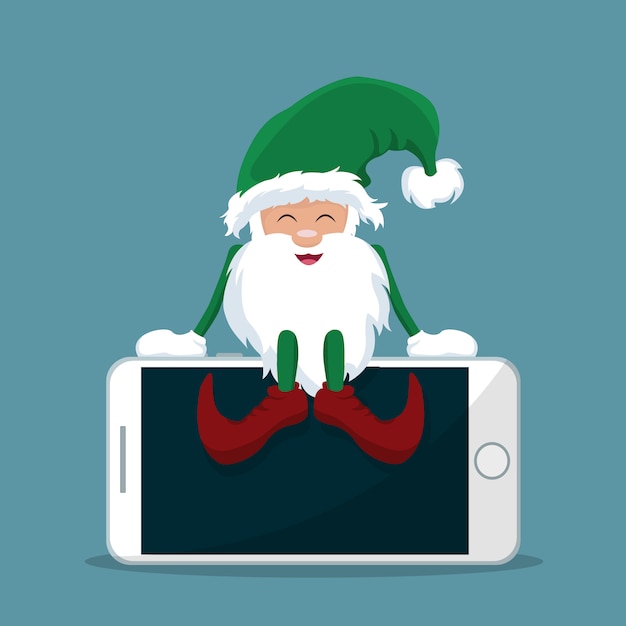 Elf of santa claus sitting on top of cell phone