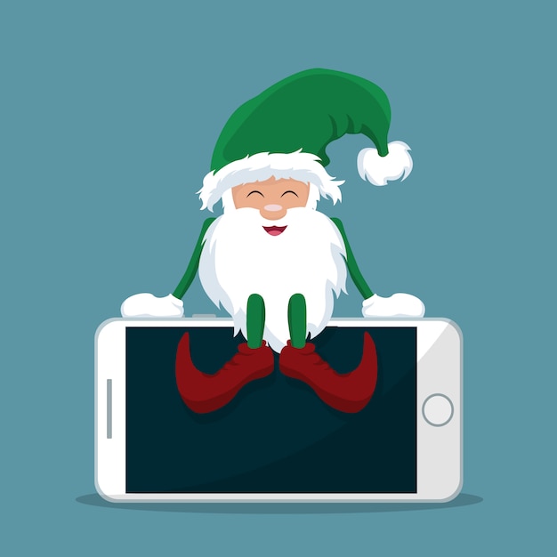 Elfo di babbo natale seduto in cima al telefono cellulare