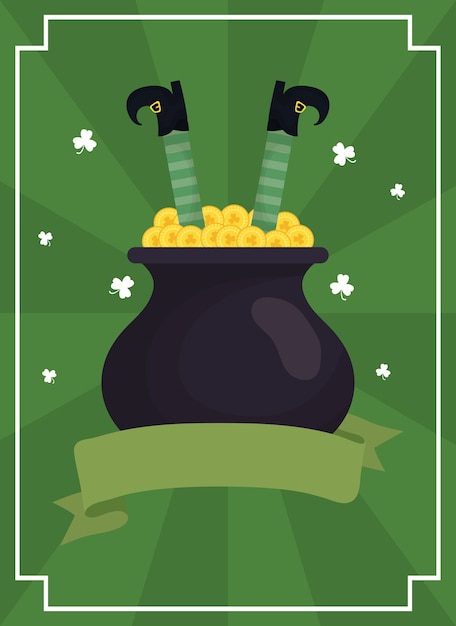 Elf treasure cauldron with coins and legs leprechaun