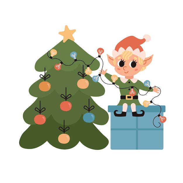 Vector elf versiert kerstboom met ornamenten en gloeilampen helper van de kerstman