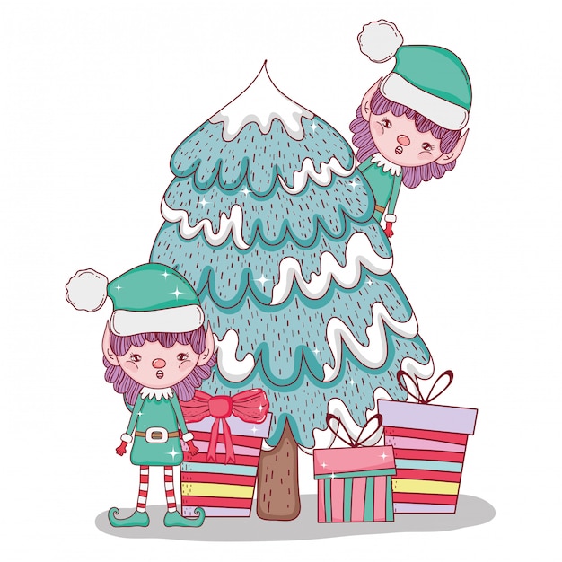 Elfs with pine trees and christmas presents