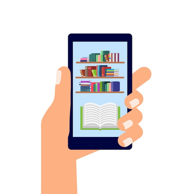 Concetto di biblioteca ebook che legge nella libreria dello smartphone e libro aperto sullo schermo in mano all'uomo biblioteca digitale dell'accademia online leggi il concetto di vettore decente