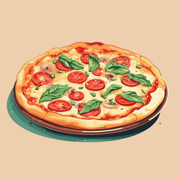 elicious pizza with various ingredients on the plate Italian pizza cartoon style vector