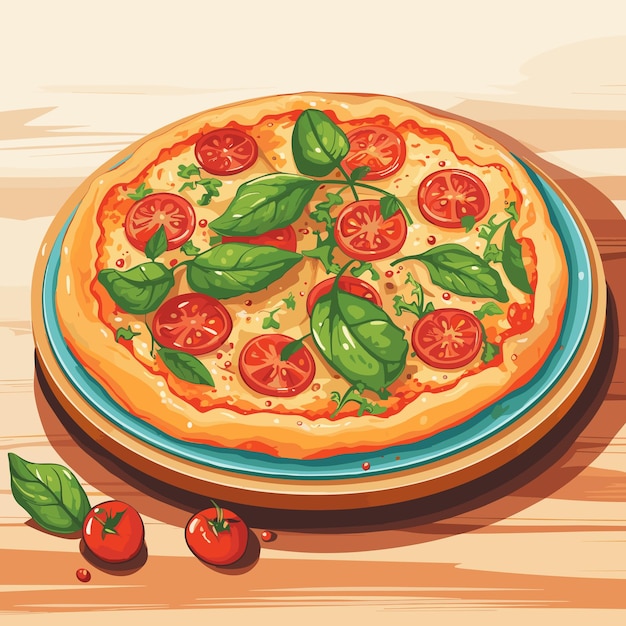 Vector elicious pizza with various ingredients on the plate italian pizza cartoon style vector