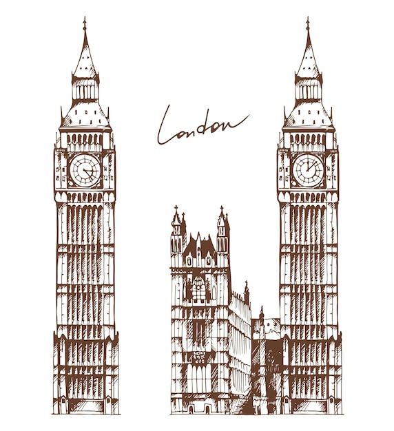 Elizabeth Tower Big Ben en het Paleis van Westminster met de hand getekende schets