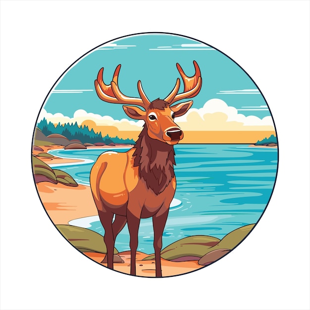 Elk Cute Funny Cartoon Kawaii Colorful Watercolor Beach Summer Animal Pet Sticker Illustration