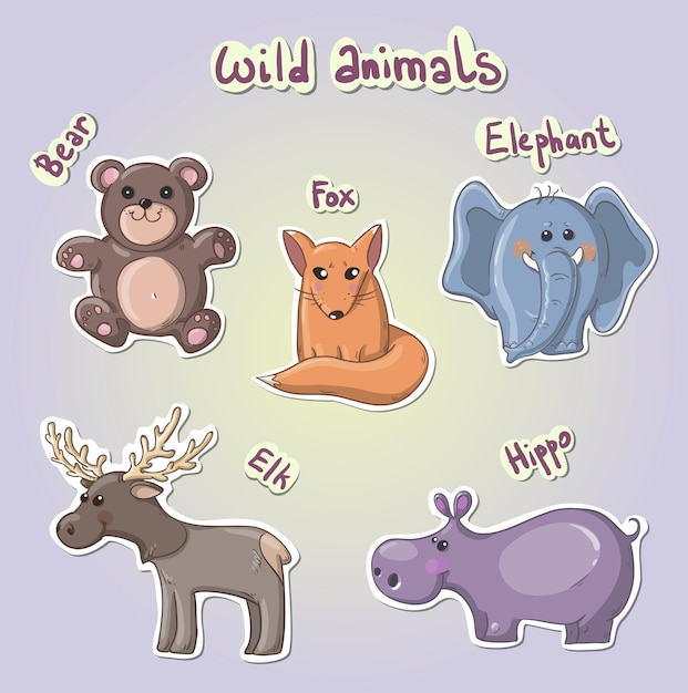 Vector elk hippo fox elephant and bear set of cartoon wild animals vector illustration