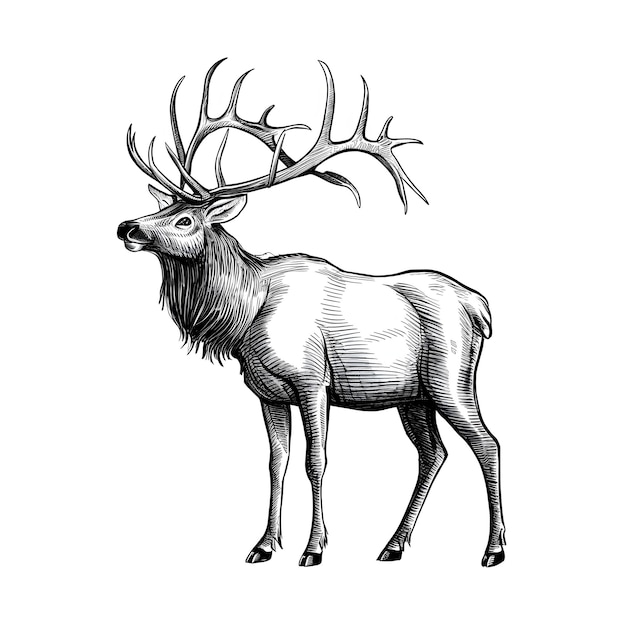 Elk monochrome ink sketch vector drawing engraving style illustration