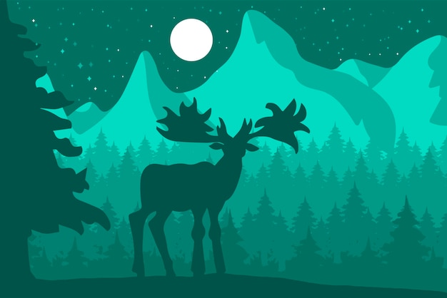 Elk in the night coniferous forest near the mountains