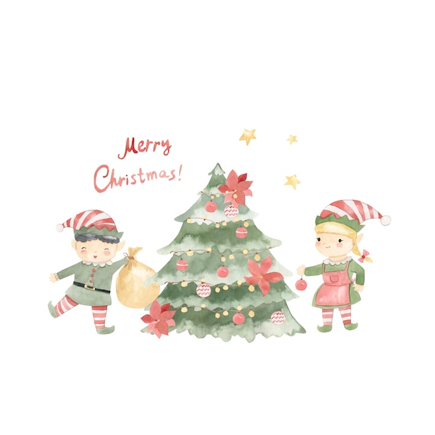 Elves and tree watercolor illustration for kids