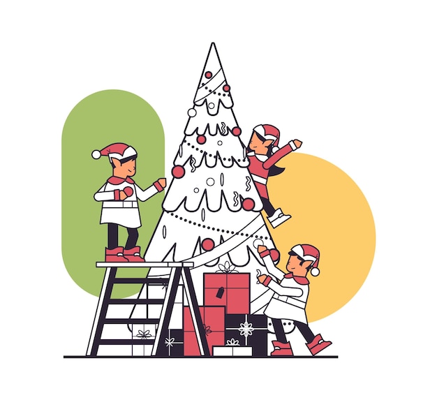 эльфы в униформе команда помощников санты украшает елку с новым годом с рождеством праздники праздник поздравительная открытка линейная векторная иллюстрация