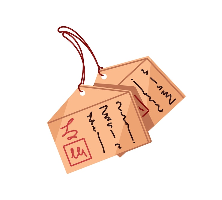 Vector ema wooden tablets in shinto shrine votive talisman asian amulet for good luck and fortune success japanese wood cards with wishes prays flat isolated vector illustration on white background