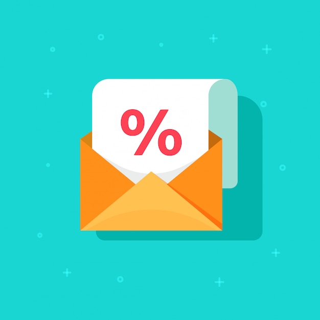 Email advertising promotion on envelope with percentage discount vector icon flat cartoon