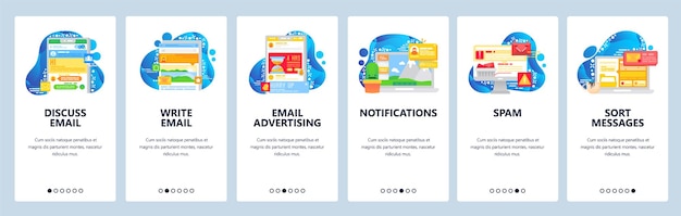 Email and chat mobile app phone notifications and advertisement spam message sorting app onboarding ...