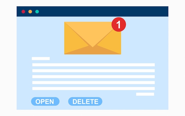 E-mail di notifica in arrivo con un breve messaggio per aprire il concept design della posta