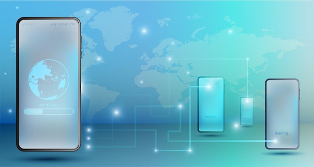 Vettore concetto di email marketing con smartphone istruzione e formazione a distanza lo smartphone invia dati informativi ad altri dispositivi portatili in tutto il mondo trasmissione istantanea di informazioni vettore