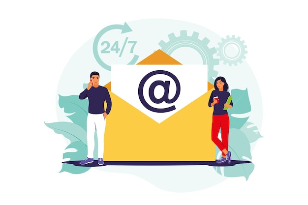 Email marketing, chat su internet, concetto di supporto 24 ore su 24. illustrazione vettoriale. piatto.