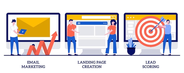 Vector email marketing, landing page creation, lead scoring concept with tiny people