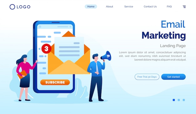 メールマーケティングのランディングページのウェブサイト図フラットベクトルテンプレート