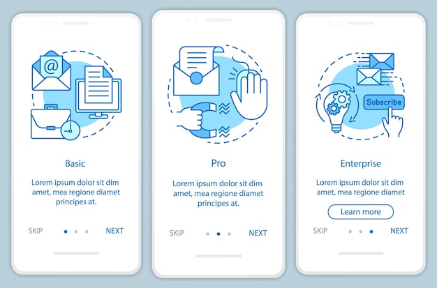 線形の概念を持つモバイルアプリのページ画面をオンボーディングするeメールマーケティングサブスクリプション。 3つのウォークスルーステップのグラフィックの説明。基本料金またはプロ料金。イラスト付きのux、ui、guiベクトルテンプレート