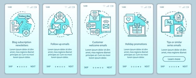 이메일 마케팅 청록색 온보딩 모바일 앱 페이지 화면 벡터 템플릿. 선형 삽화가 있는 비즈니스 전략 연습 웹 사이트 단계. UX, UI, GUI 스마트폰 인터페이스 개념