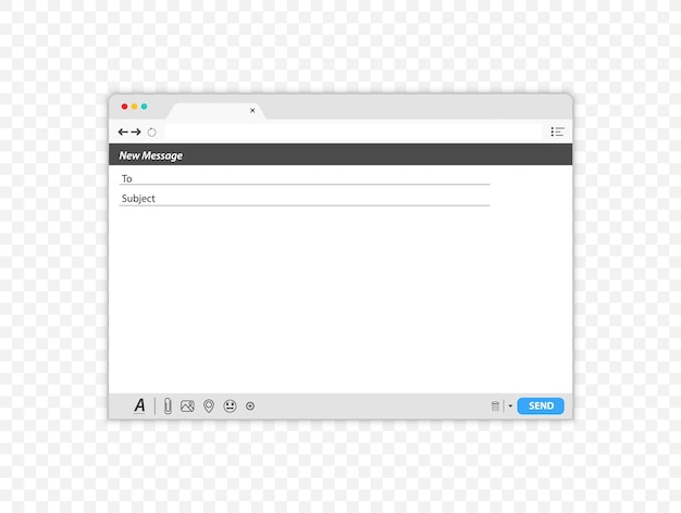 Email message Blank window template. Blank e-mail browser window. E-mail blank template internet mail frame interface for message. User interface web panel send.Contact form interface