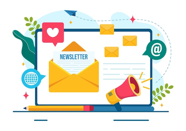 Illustrazione della newsletter di posta elettronica con busta messaggio di posta elettronica o sfondo di servizio mobile
