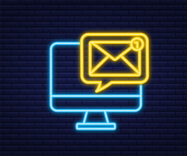 Concetto di notifica e-mail. icona al neon. nuova email. marketing via email. campanello di notifica. illustrazione vettoriale.