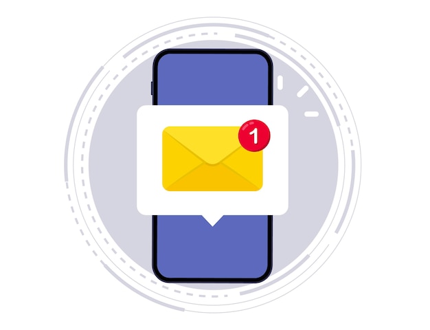 ベクトル 電子メール通知。スマートフォンの画面に新しいメール通知が表示されます。電話の新しいメッセージ。メールアプリケーション、新しいメッセージの入った封筒。未読の電子メール通知。ベクトルイラスト