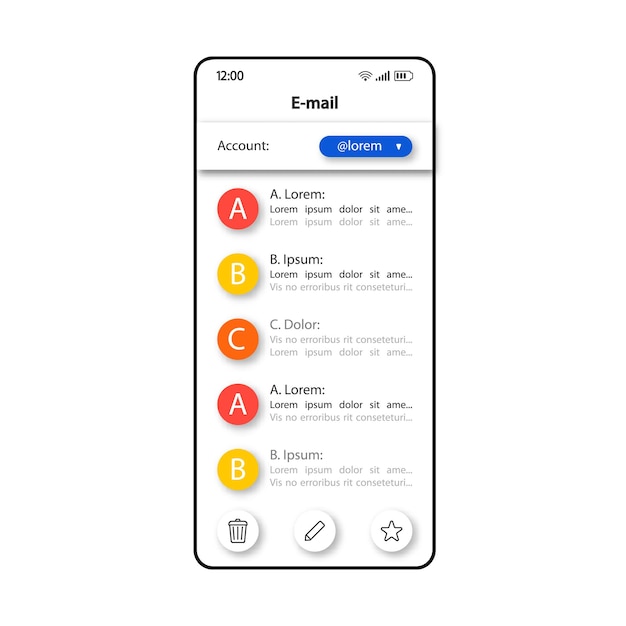 Modello vettoriale dell'interfaccia per smartphone di notifiche e-mail. layout del design del colore della pagina dell'app mobile. schermata di ricezione della posta elettronica. interfaccia utente piatta per l'applicazione. visualizzazione telefono gestione corrispondenza e-mail