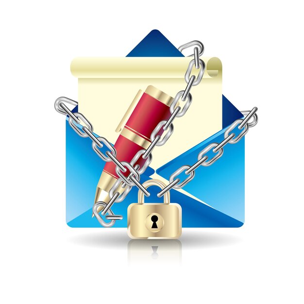 Vector email and pen locked by a chain.isolated on white background.