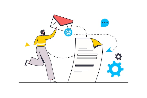 Email service flat line concept Man receives digital envelope and reads text of letter