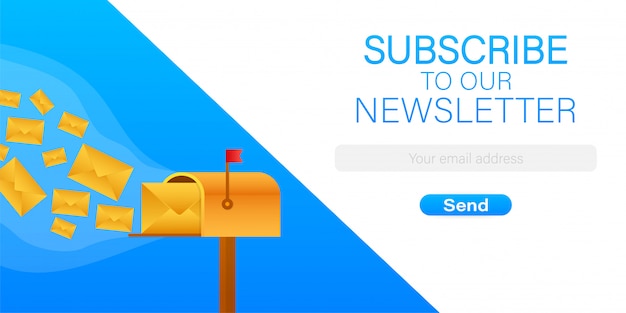 Vector email subscribe, online newsletter template with mailbox and submit button. stock illustration.