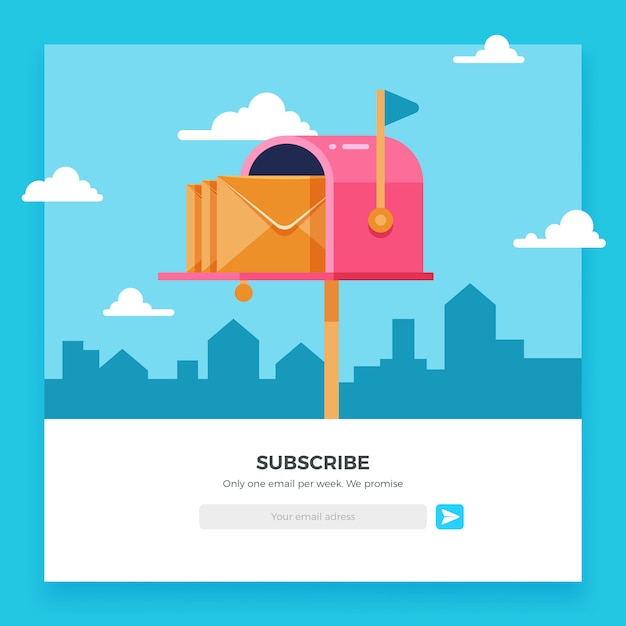 Vector email subscribe, online newsletter template with mailbox and submit button