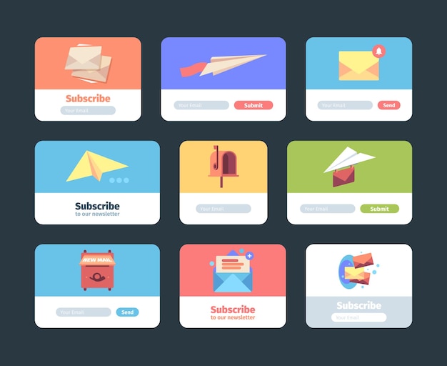 Moduli di iscrizione via e-mail. modelli di interfaccia utente web per la progettazione del layout del modulo del segno della newsletter per i simboli delle cassette postali degli abbonati insieme di vettori sgargianti. pulsante del modulo web di illustrazione per la posta di abbonamento