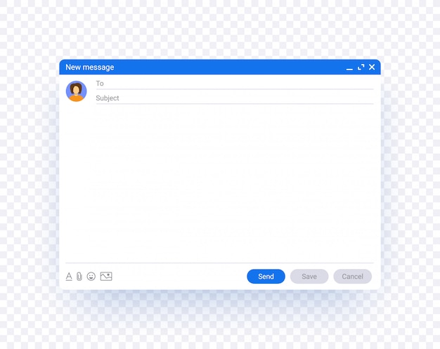 Шаблон окна электронной почты, макет интерфейса нового сообщения. экран рабочего стола компьютера почты изолированы.