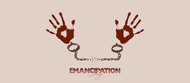 Emancipatiedag, Bevrijdingsdag posterontwerp met hand en koperen armband of schakelarmband.