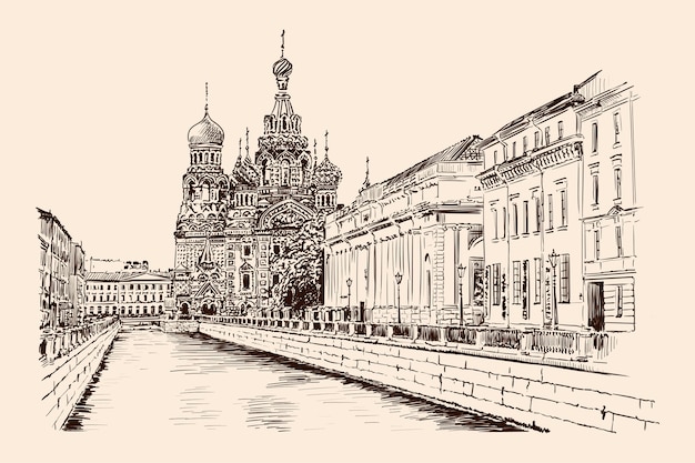 Embankment street of st. petersburg with a view of the temple and buildings in the classical style. handmade sketch on a beige background.