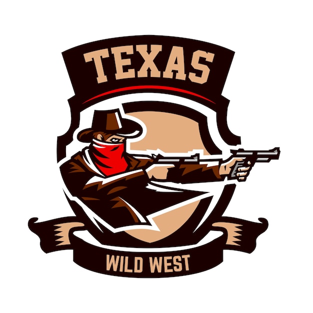 Embleem logo cowboy schieten uit twee revolvers Wilde westen een misdadiger Texas een rover een sheriff een crimineel een schild Vector illustratie afdrukken op Tshirts