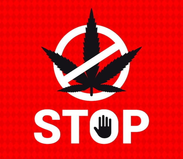 Embleem stop marihuana op een rode achtergrond. doorgestreepte plant.