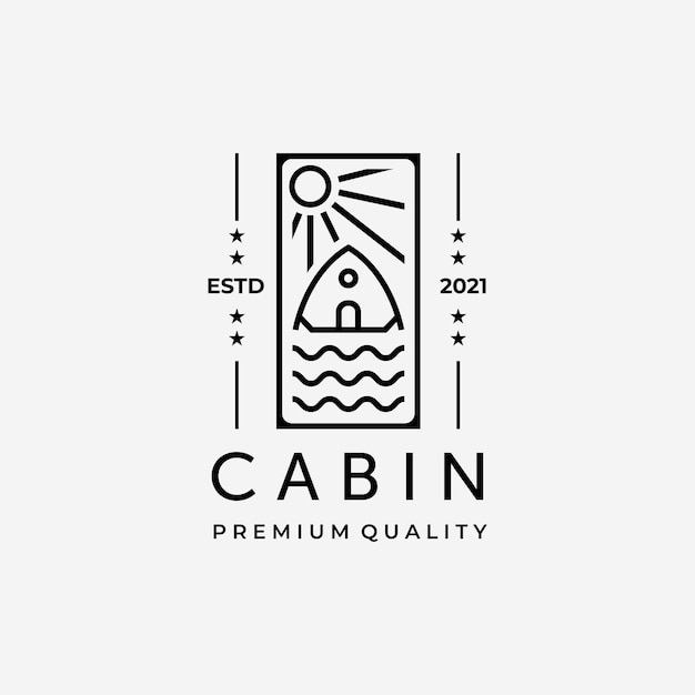 Emblema del logo cabin line art design vettoriale, illustrazione del cottage e del concetto di acqua minimalista e semplice