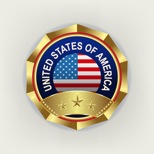 Emblem of a golden color with a reflection of the American flag