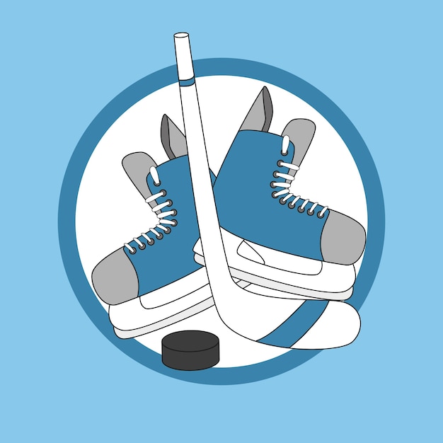 Emblem hockey skates stick and puck hand drawn vector illustration