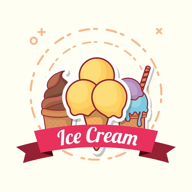 Emblema del gelato con icona di coni gelato e nastro decorativo