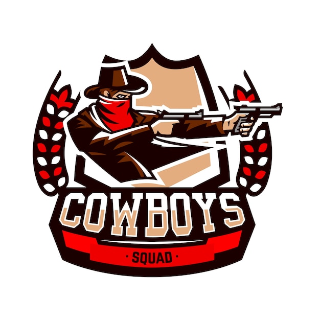 Emblema logo cowboy tiro da due revolver wild west un delinquente texas un rapinatore uno sceriffo un criminale uno scudo stampa di illustrazioni vettoriali su magliette