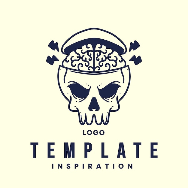 Emblem, logo template with human skull head. monochrome design element with skull and accessories