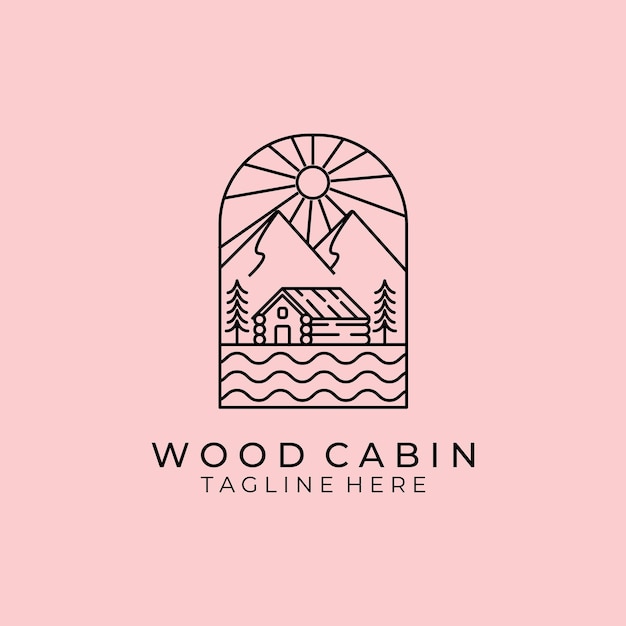 Эмблема cabin cottage line art минималистский логотип mountain sunburst vector illustration lake river wave design